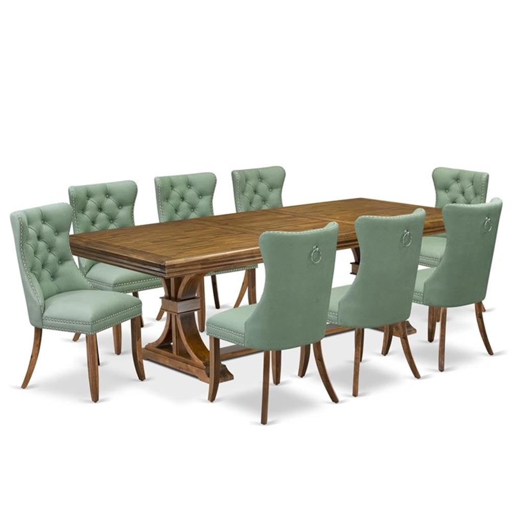 9-Piece Acacia Wood Dining Table Set with Green Faux Leather Chairs Q717575