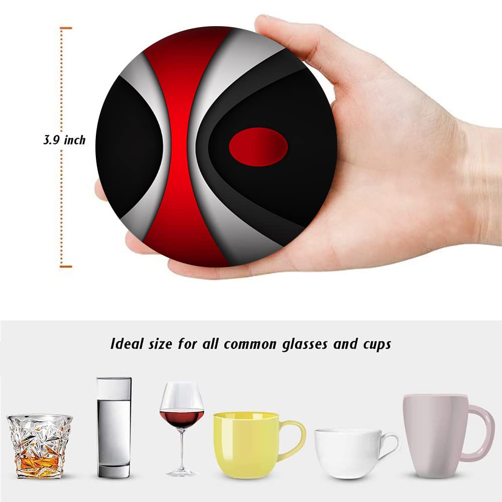 Set of 6 Red Black Geometric Absorbent Ceramic Coasters with Cork Base and Metal Holder O6208