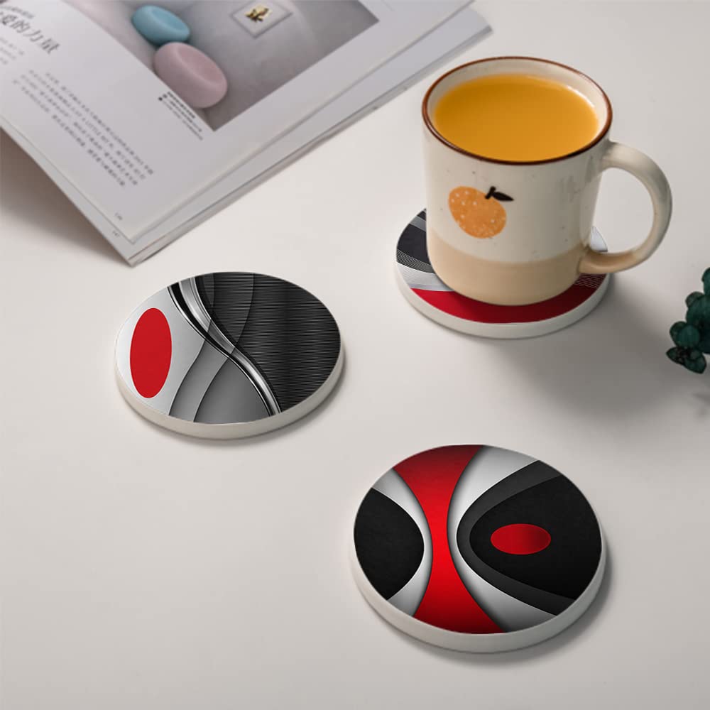 Set of 6 Red Black Geometric Absorbent Ceramic Coasters with Cork Base and Metal Holder O6208