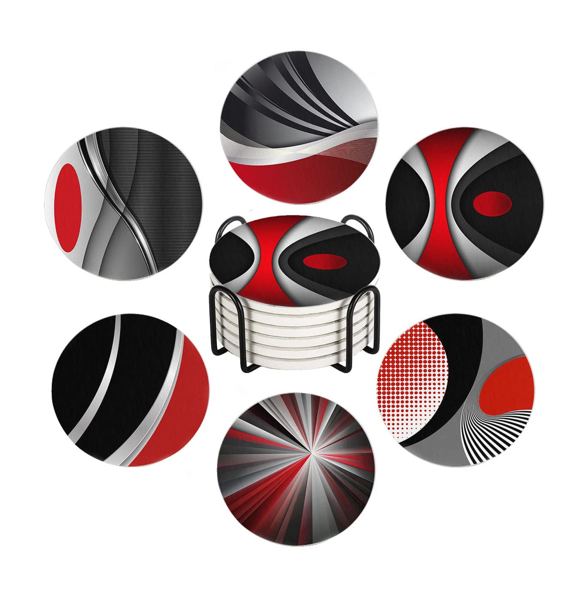 Set of 6 Red Black Geometric Absorbent Ceramic Coasters with Cork Base and Metal Holder O6208