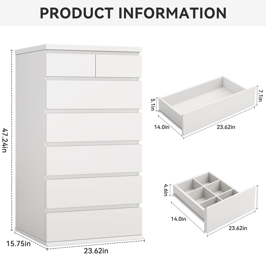 White Tall 7 Drawer Wood Dresser E302