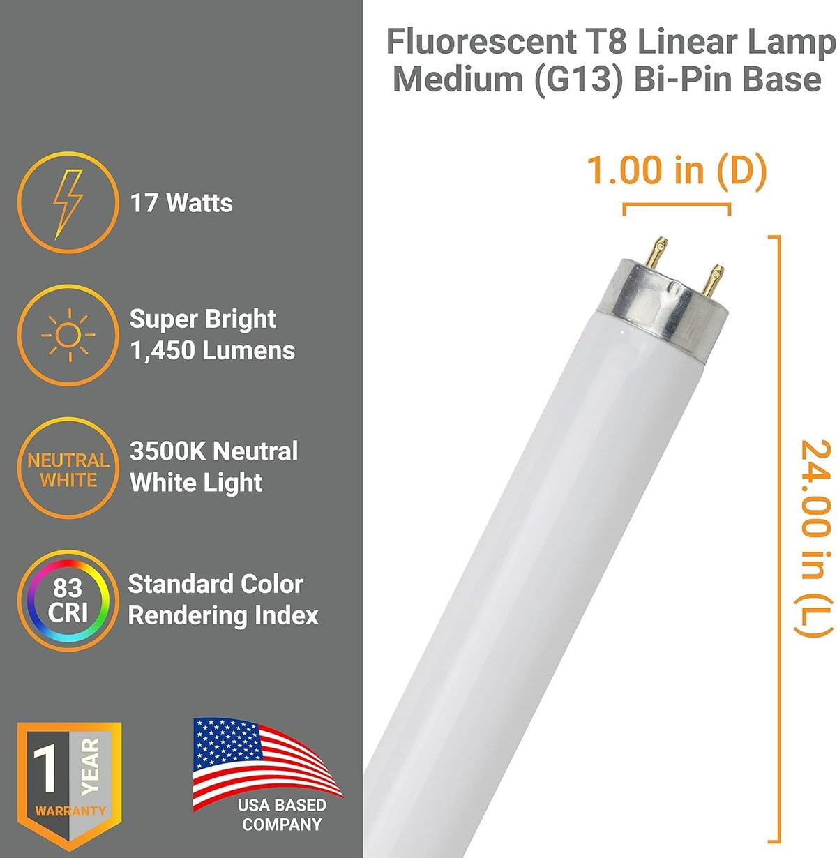 24 Inch T8 Fluorescent Tube Light Bulb 17W 3500K Neutral White G13 Base Pack of 30 K8182