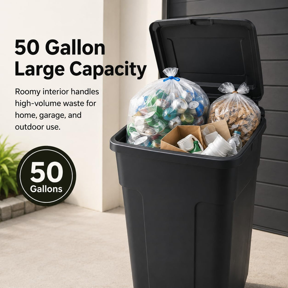 50 Gallon Wheeled Plastic Trash Can with Lid and Handle N312