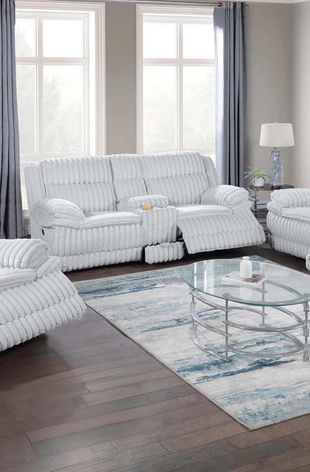 Light Gray Corduroy Reclining Loveseat with Storage Drawer L36635