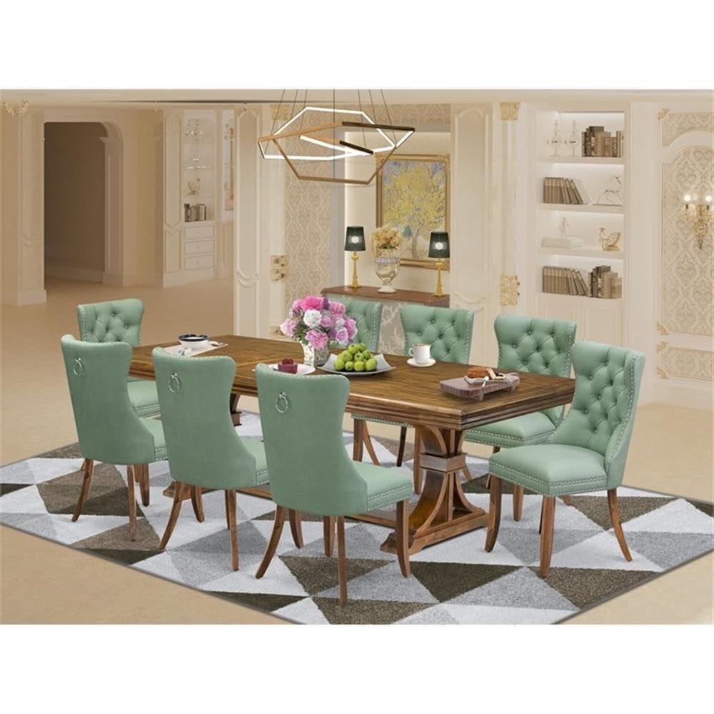 9-Piece Acacia Wood Dining Table Set with Green Faux Leather Chairs Q717575