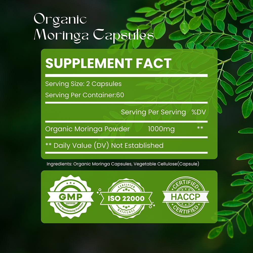 Organic Moringa Capsules 120 Capsules 1000mg Non GMO Gluten Free I639754