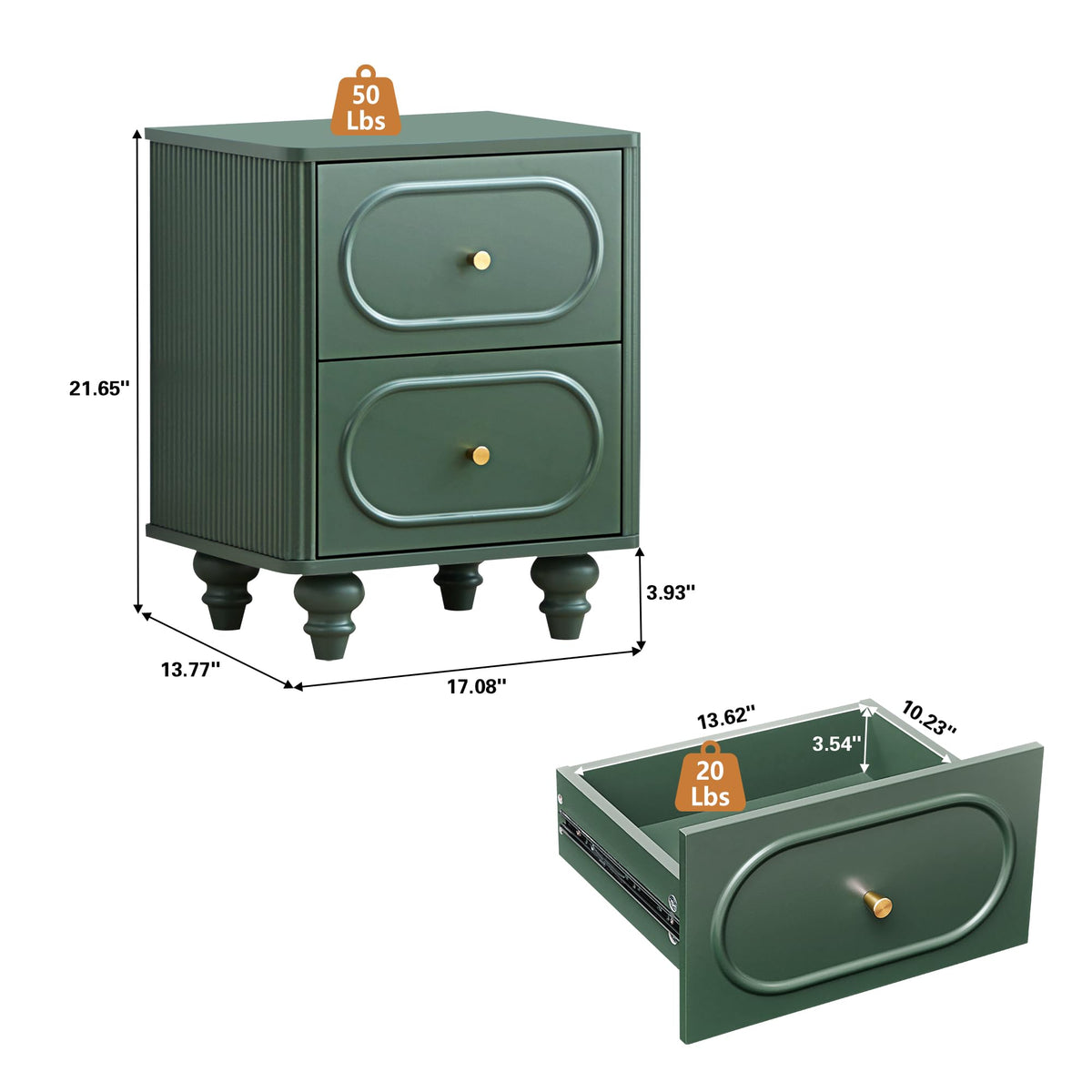 2 Drawer Fluted Nightstand Set of 2 Green I95040