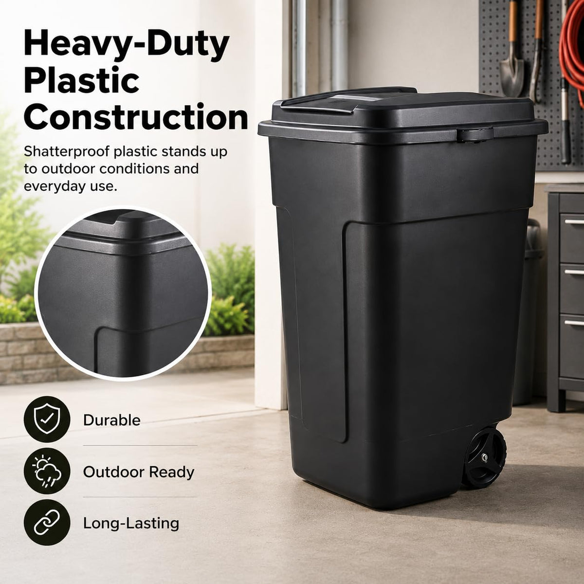 50 Gallon Wheeled Plastic Trash Can with Lid and Handle N312