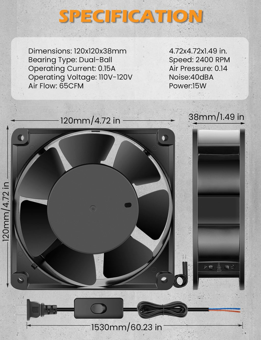 120mm x 38mm 120V Dual Ball Bearing Axial Fan W743970
