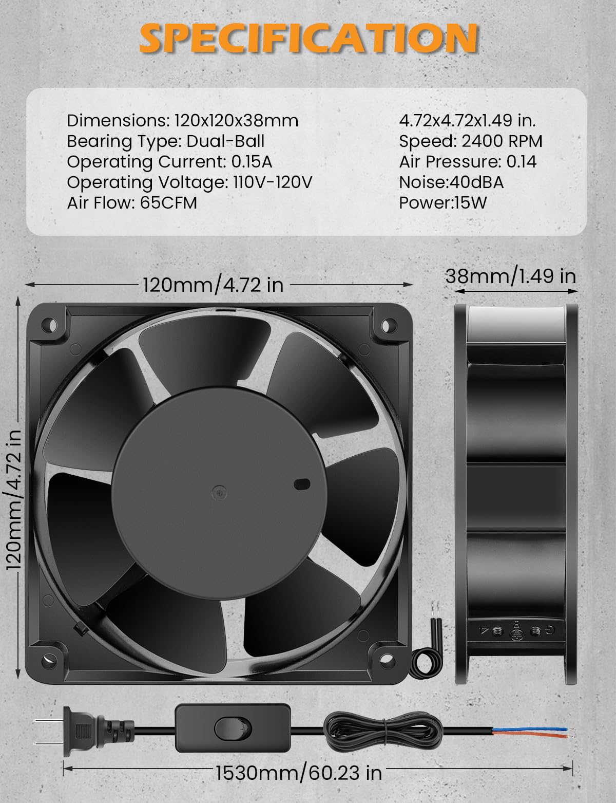 120mm x 38mm 120V Dual Ball Bearing Axial Fan W743970