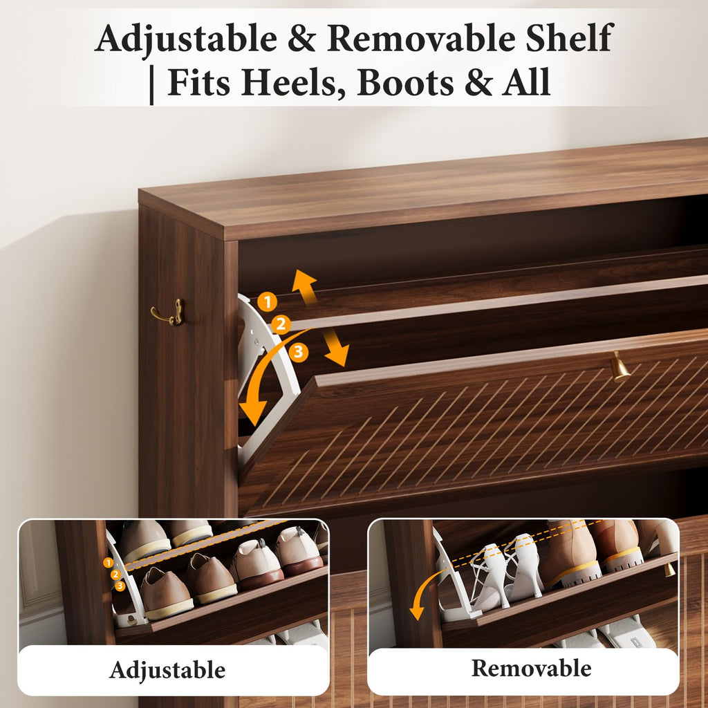 Luminous Walnut Shoe Storage Cabinet with Adjustable Shelves Y50972