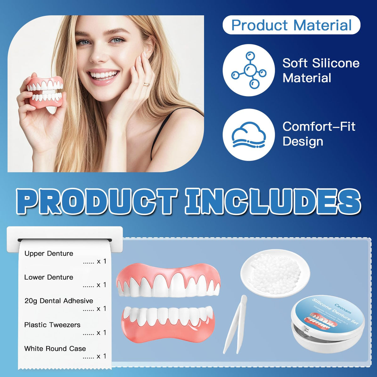 Moldable False Teeth Dentures Set with Dental Adhesive Beads S375