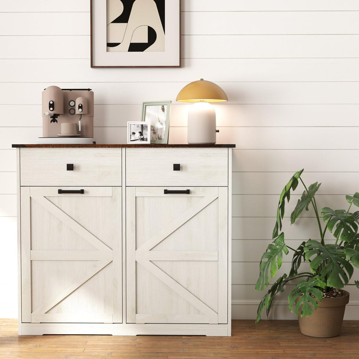 Brown and Antique White 20 Gallon Tilt-Out Trash Cabinet N204175