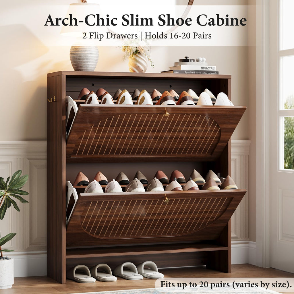 Luminous Walnut Shoe Storage Cabinet with Adjustable Shelves Y50972