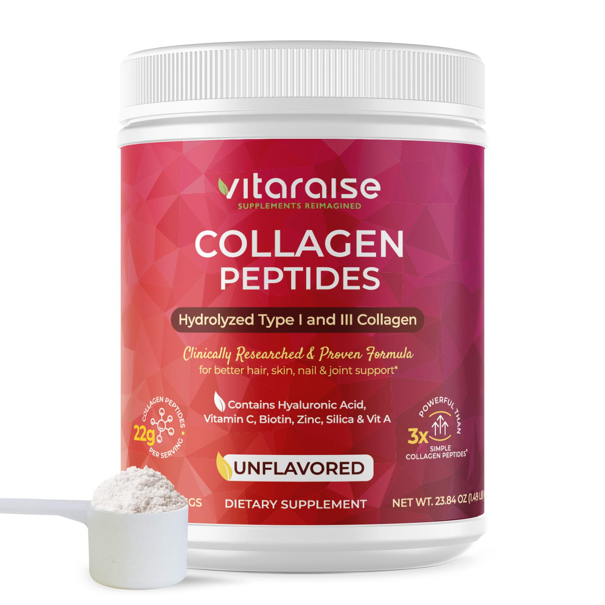 Hydrolyzed Collagen Powder, Grass Fed, 22g/Serving, 1.49lb Y376534