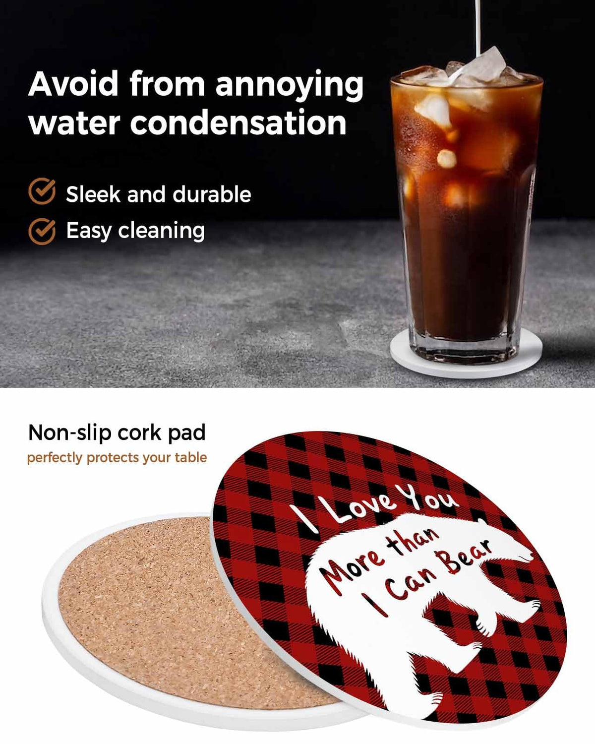 Set of 6 Bear Animal Absorbent Stone Ceramic Coasters with Holder X8969