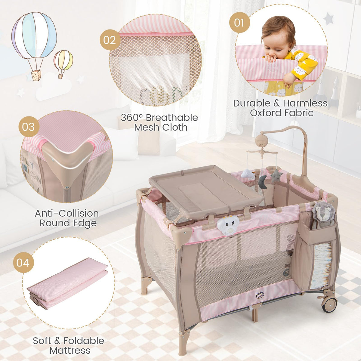 3 in 1 Pink Pack and Play with Bassinet H74286