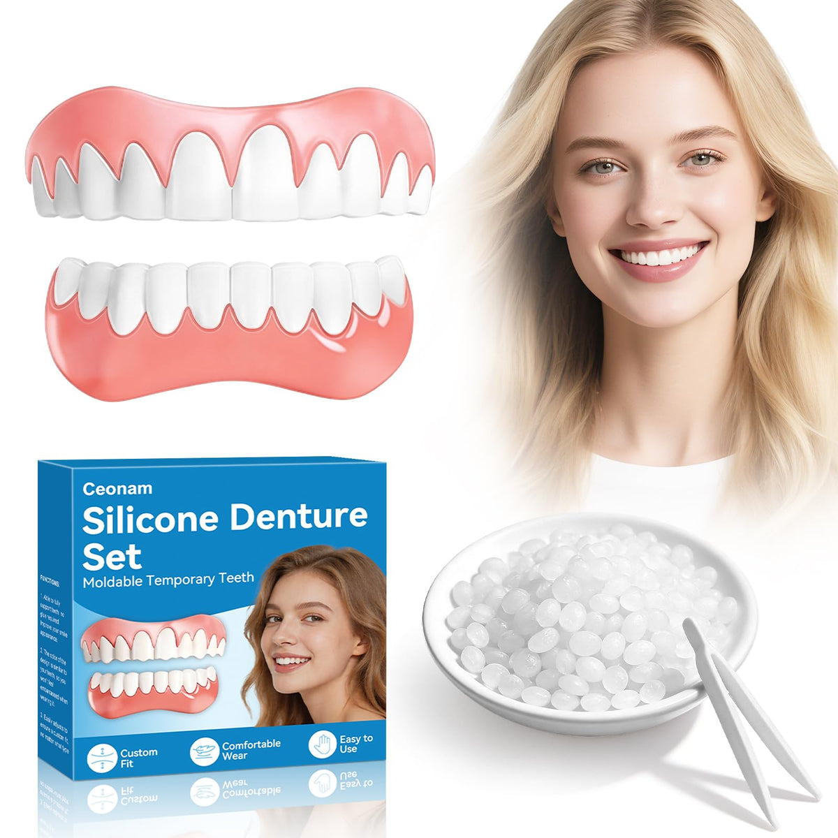 Moldable False Teeth Dentures Set with Dental Adhesive Beads S375