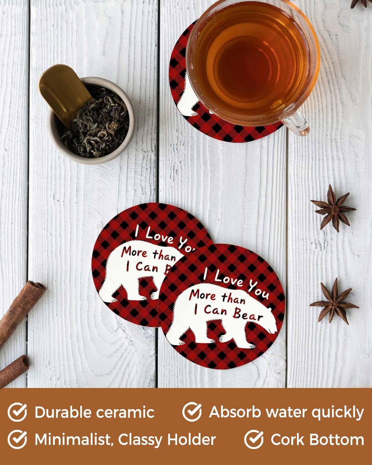 Set of 6 Bear Animal Absorbent Stone Ceramic Coasters with Holder X8969