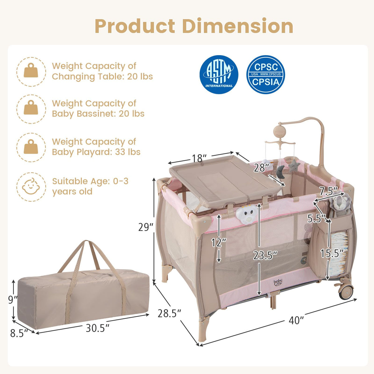 3 in 1 Pink Pack and Play with Bassinet H74286