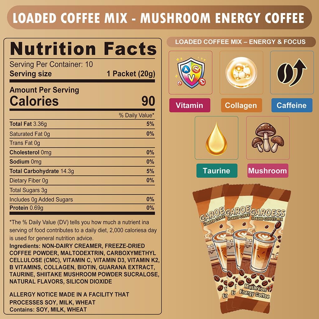 Coffee Mix with Mushroom Collagen Taurine and Vitamin Complex, 20 Servings 2 Pack U298