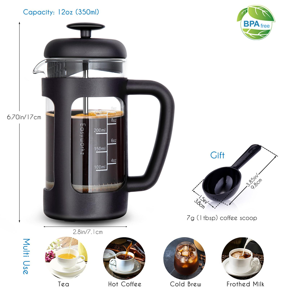 French Press and Gooseneck Pour Over Coffee Kettle 12 oz Stainless Steel V5579