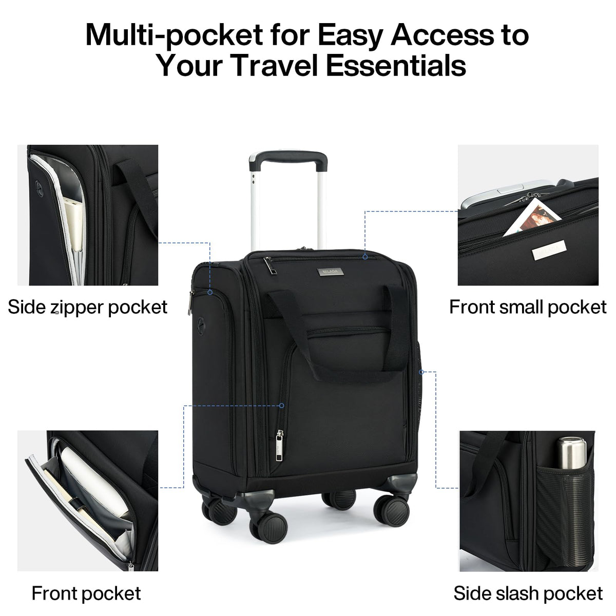Black 16-inch Underseat Carry On Luggage with Wheels E327