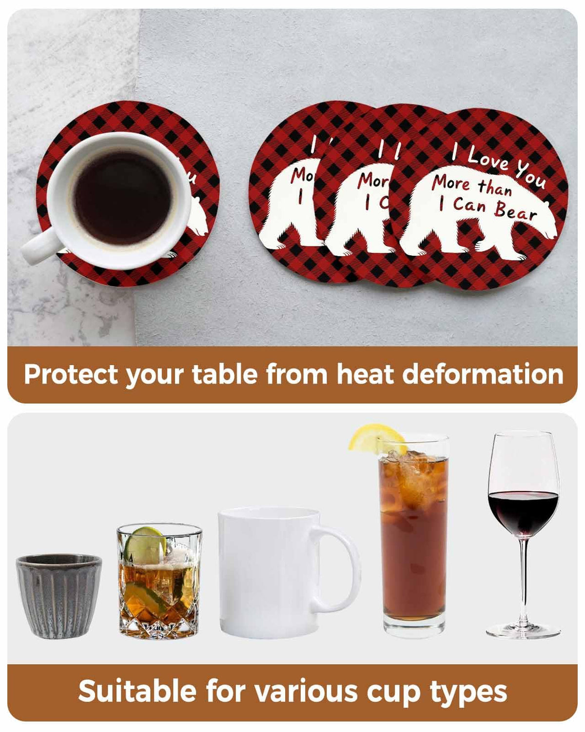 Set of 6 Bear Animal Absorbent Stone Ceramic Coasters with Holder X8969