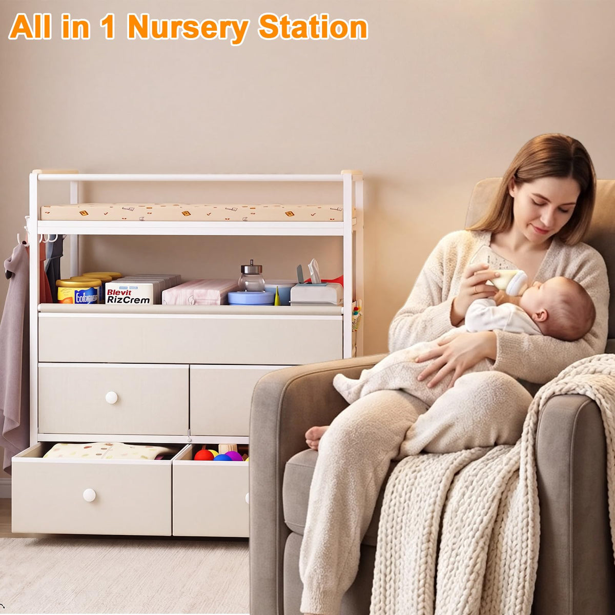 Baby Diaper Changing Table Dresser with Safety Bumper and 4 Drawer V114545