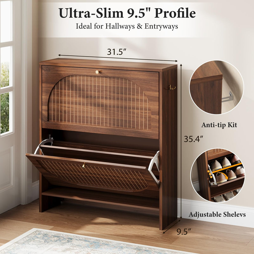 Luminous Walnut Shoe Storage Cabinet with Adjustable Shelves Y50972
