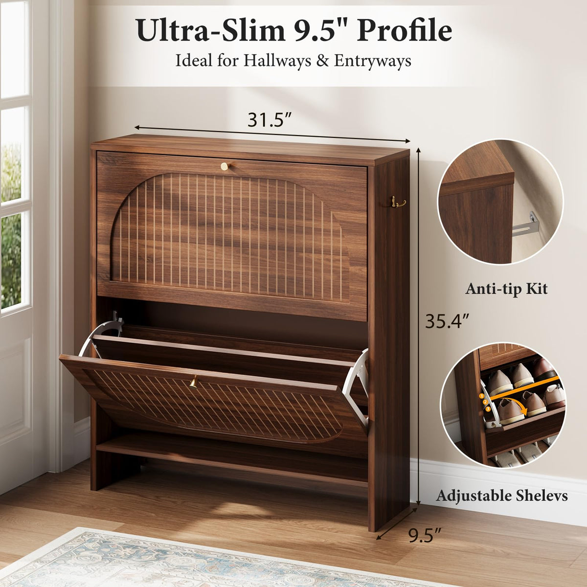 Luminous Walnut Shoe Storage Cabinet with Adjustable Shelves Y50972