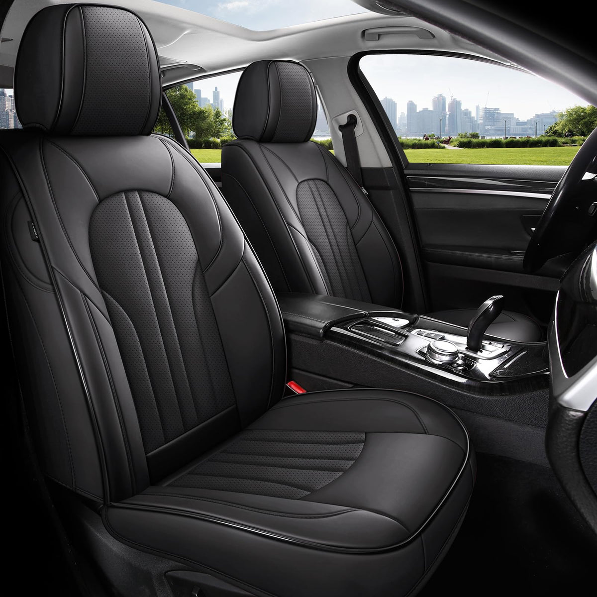 Black Leather Car Seat Cover Full Set I761