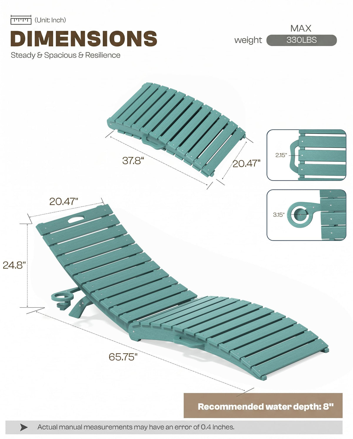 Blue HDPE Pool Chaise Lounge Chairs with Cup Holder, Set of 2 V553403