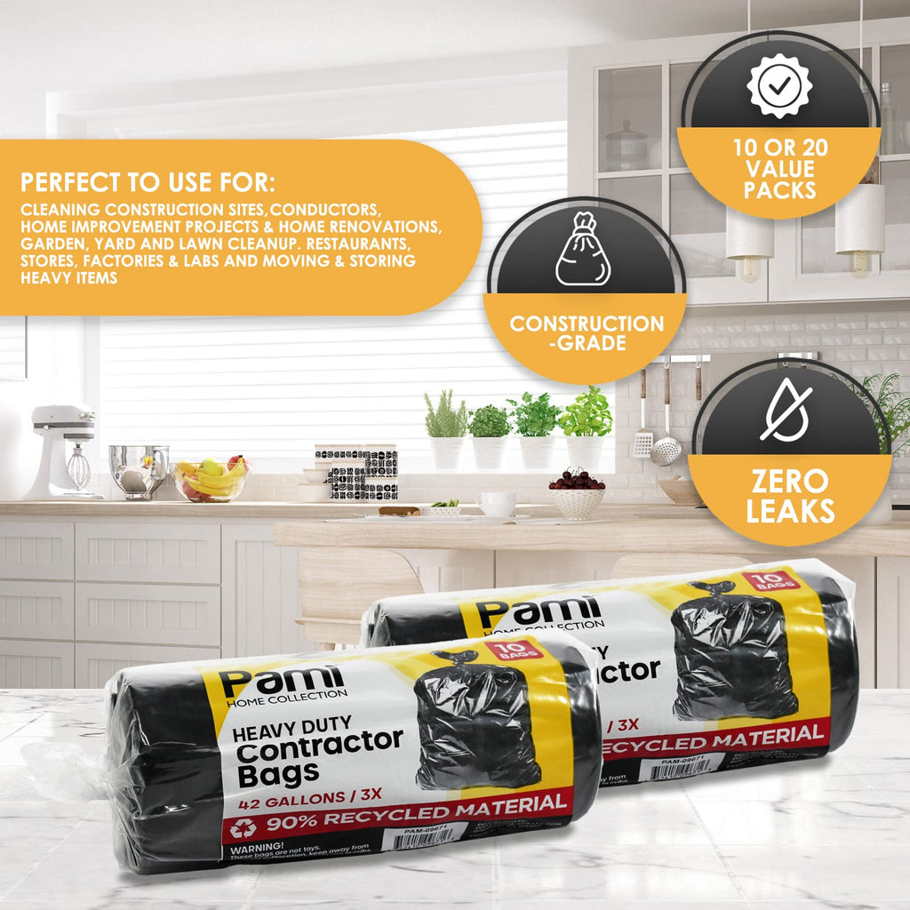 Heavy Duty 42-Gallon Contractor Trash Bags, Tear Resistant, Black, 10 Ct H2510