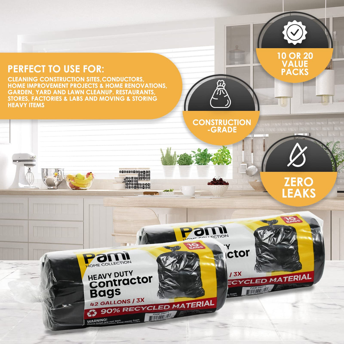 Heavy Duty 42-Gallon Contractor Trash Bags, Tear Resistant, Black, 10 Ct H2510