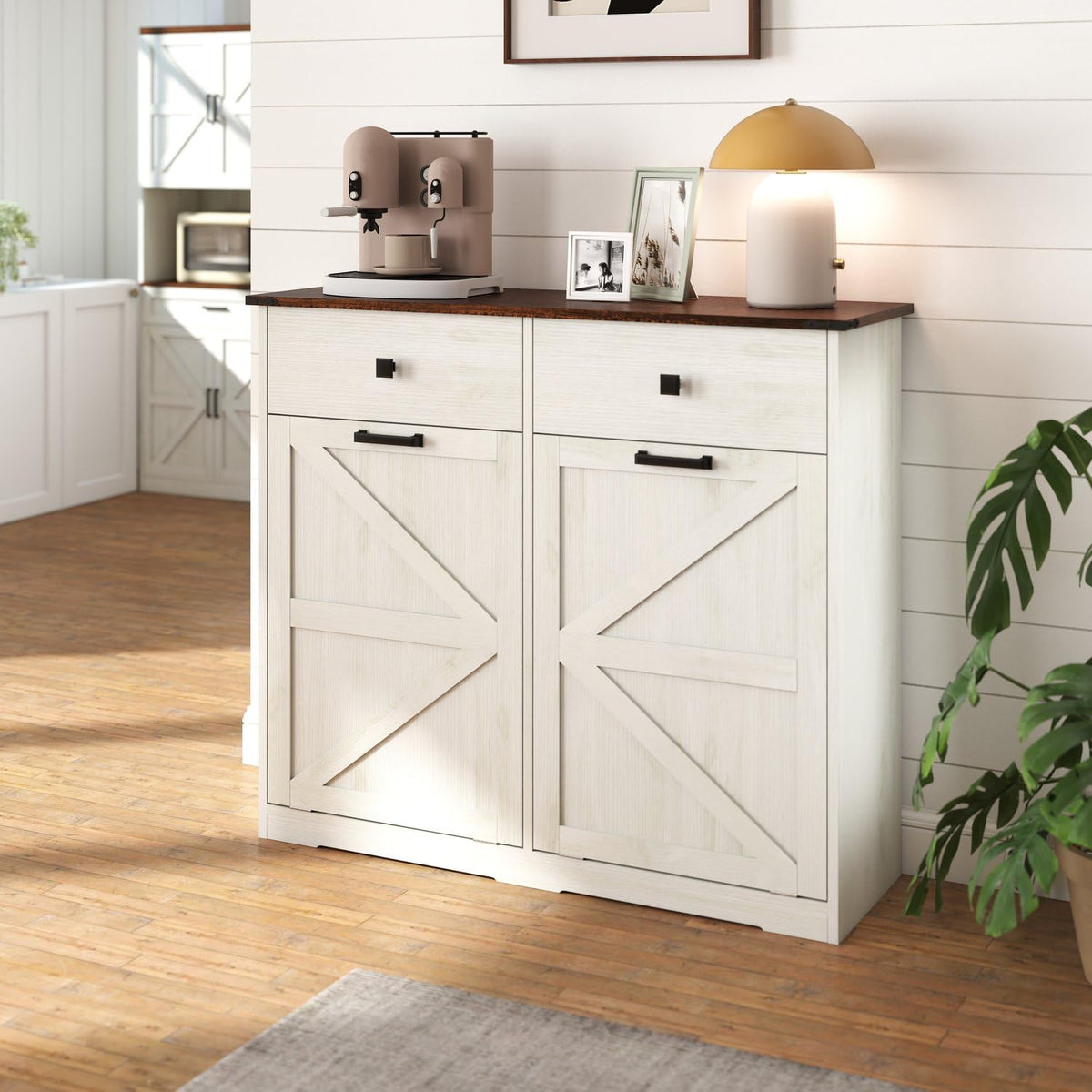 Brown and Antique White 20 Gallon Tilt-Out Trash Cabinet N204175
