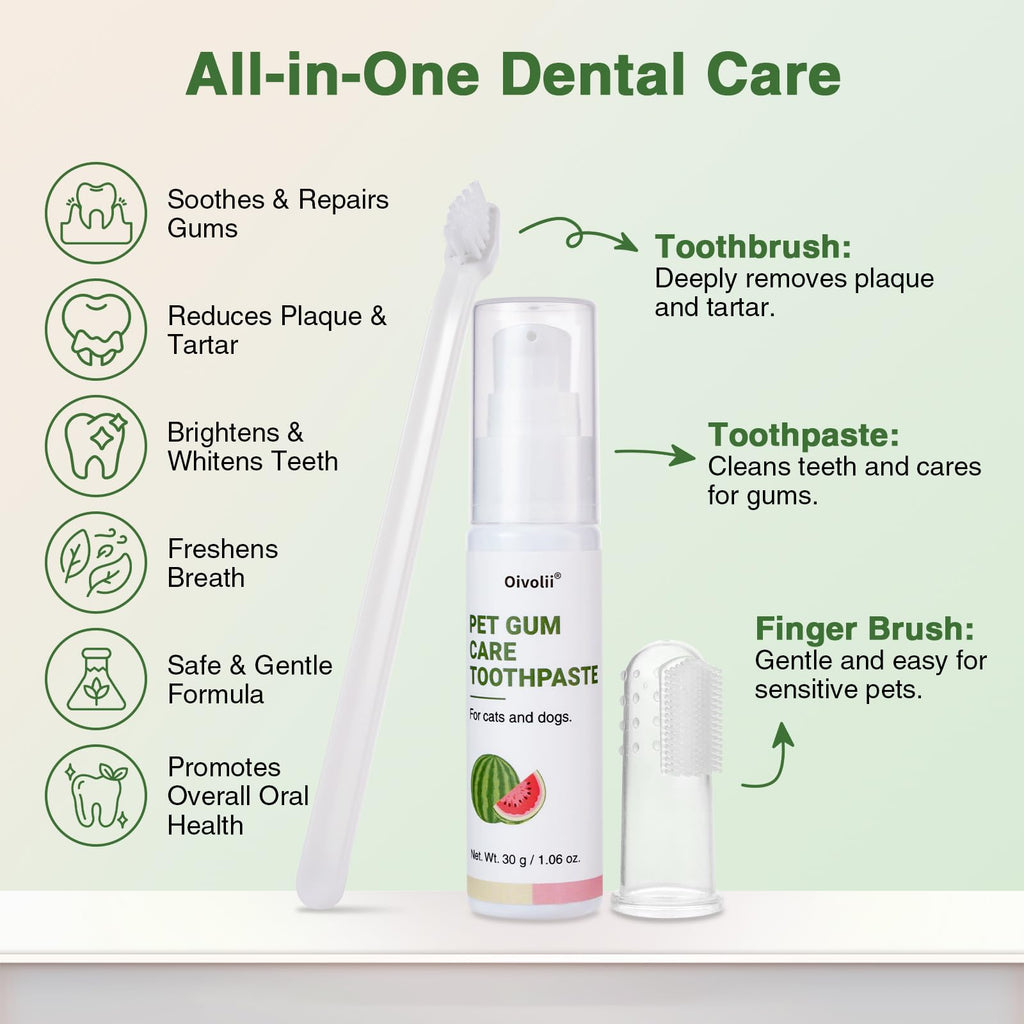 Watermelon Flavor Cat Toothpaste Kit with Finger Brush & Long-Handle Toothbrush W7363