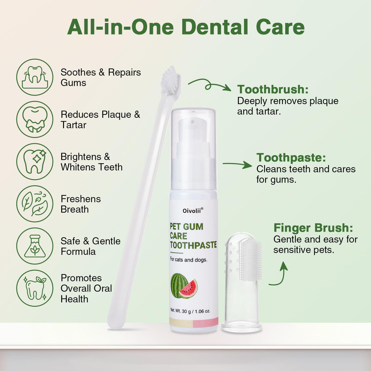 Watermelon Flavor Cat Toothpaste Kit with Finger Brush & Long-Handle Toothbrush W7363