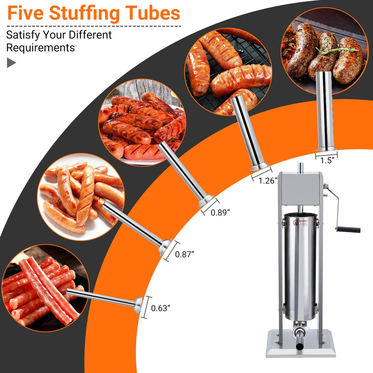 Manual 15LBS Stainless Steel Sausage Stuffer with 5 Stuffing Tubes K139208