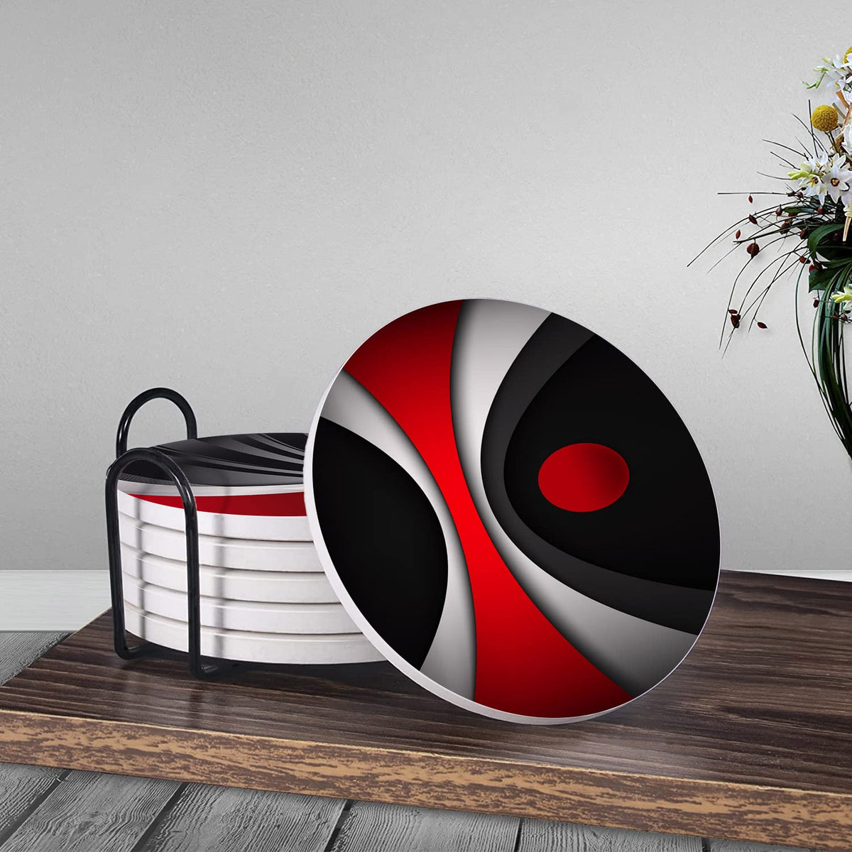 Set of 6 Red Black Geometric Absorbent Ceramic Coasters with Cork Base and Metal Holder O6208