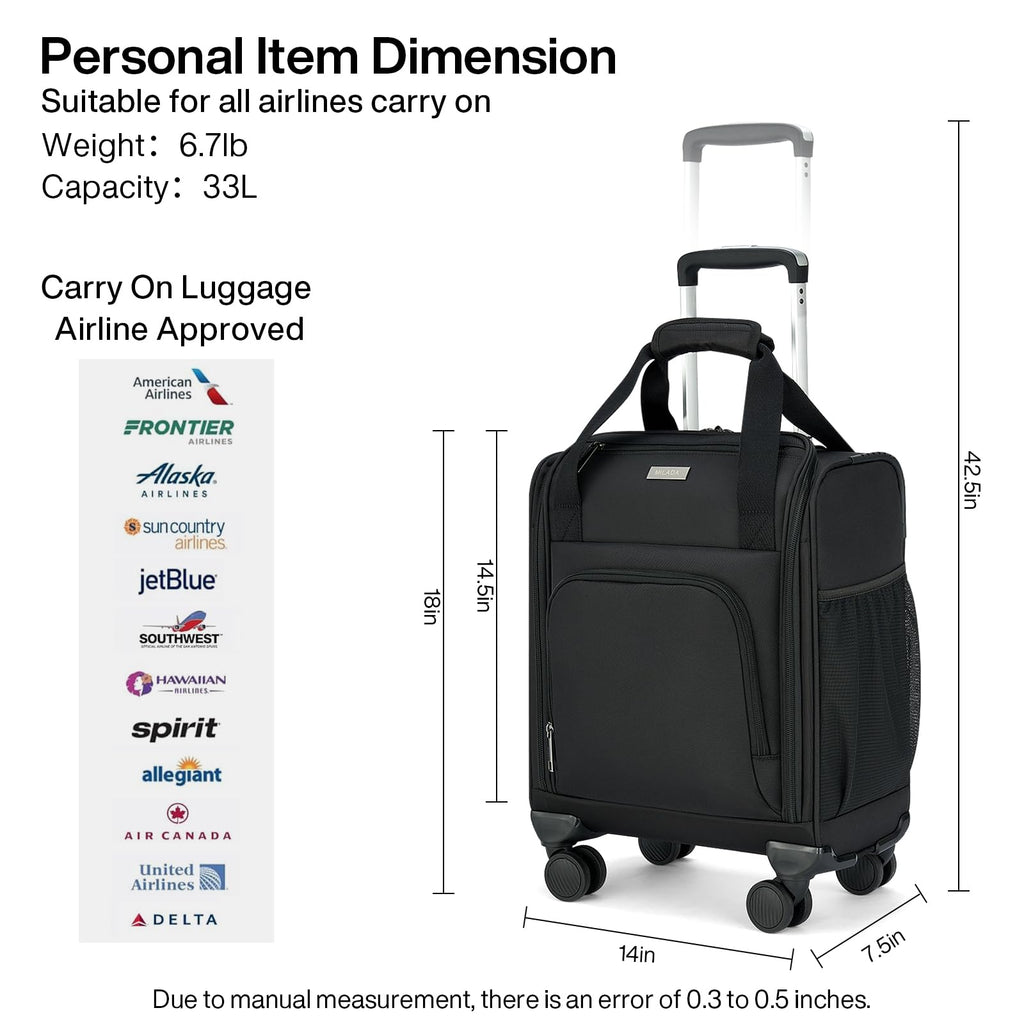 Black 16-inch Underseat Carry On Luggage with Wheels E327