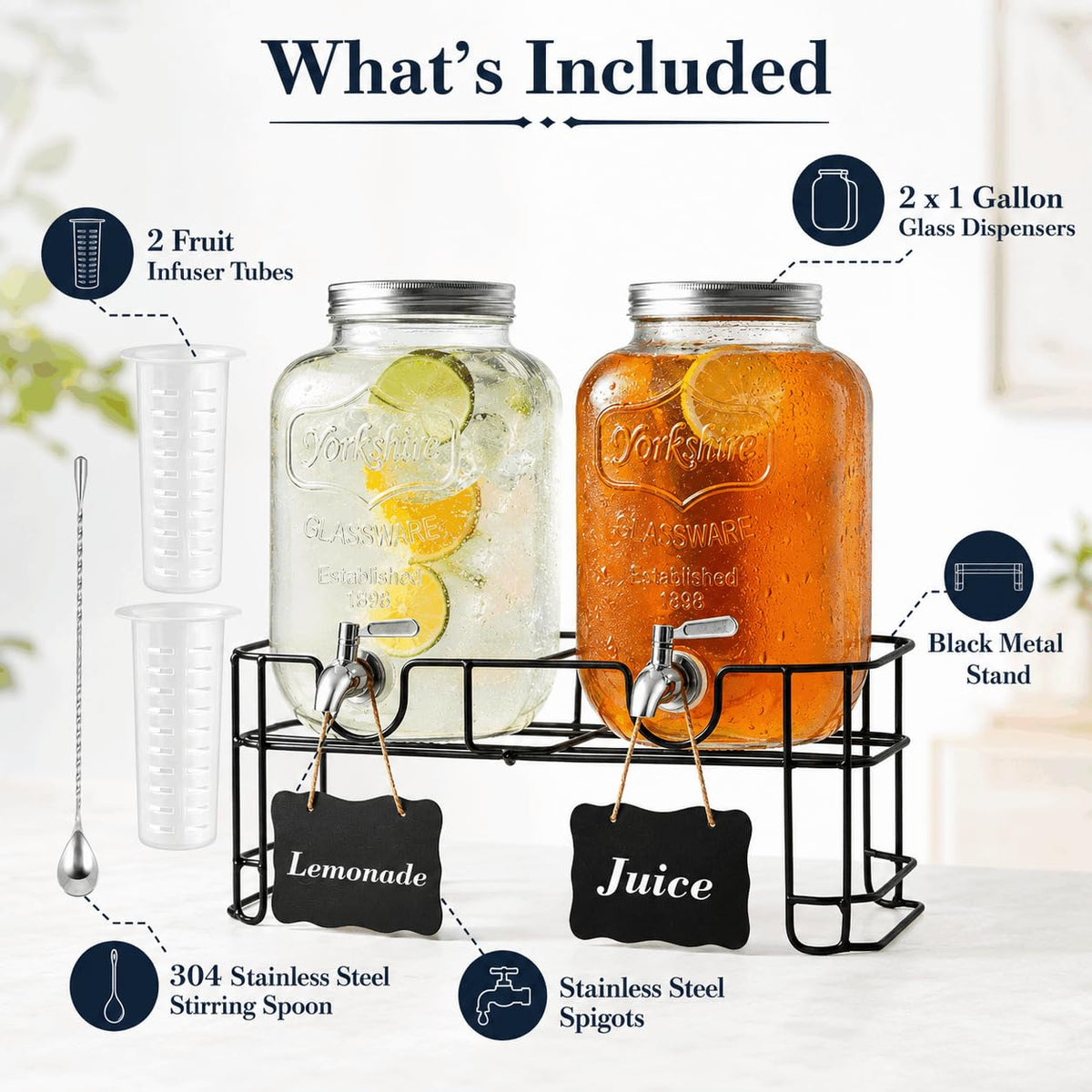 2-Pack 1-Gallon Glass Drink Dispensers with Wire Stand K6967