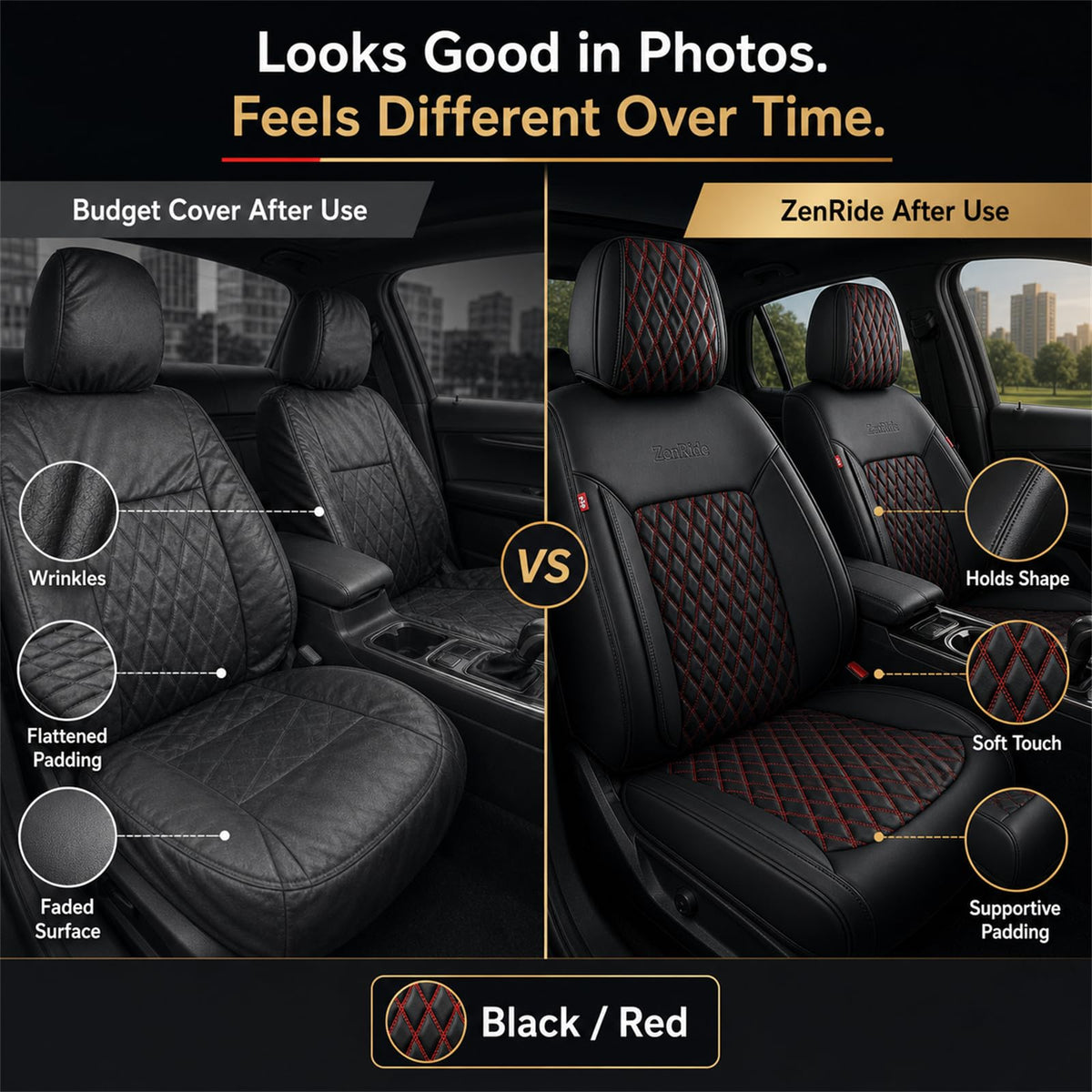 Black and Red Thick Nappa Leather Car Seat Covers Set of 2 Q4329