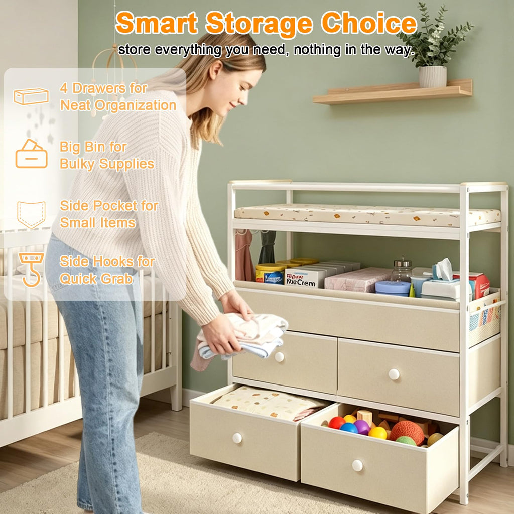 Baby Diaper Changing Table Dresser with Safety Bumper and 4 Drawer V114545