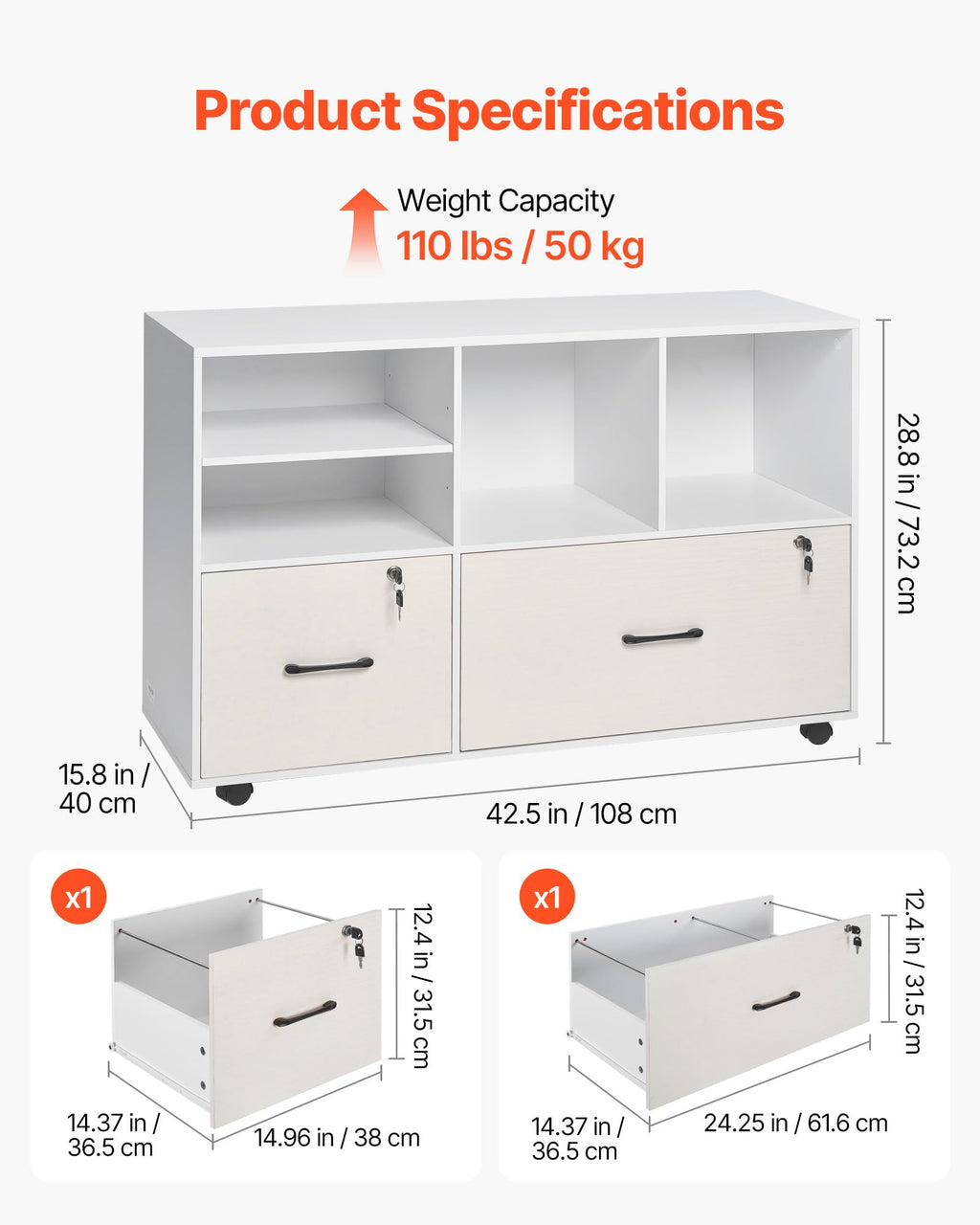 White 2 Drawer Wooden Lockable Mobile File Cabinet K51080