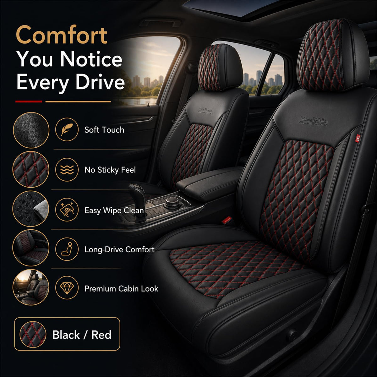 Black and Red Thick Nappa Leather Car Seat Covers Set of 2 Q4329