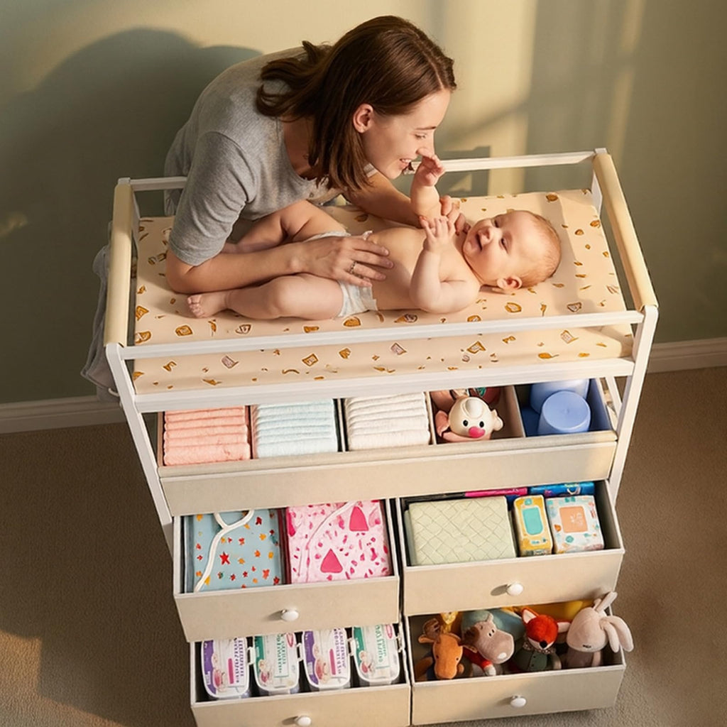 Baby Diaper Changing Table Dresser with Safety Bumper and 4 Drawer V114545