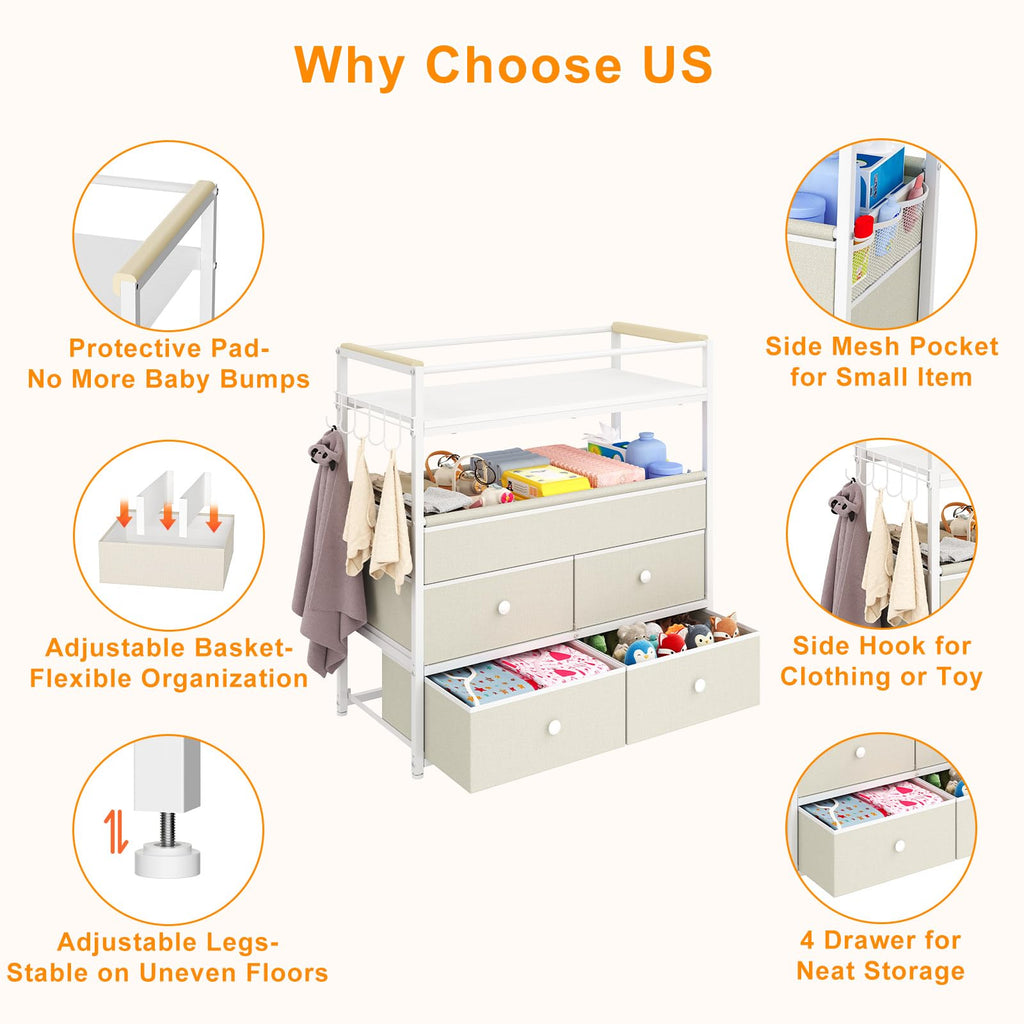 Baby Diaper Changing Table Dresser with Safety Bumper and 4 Drawer V114545