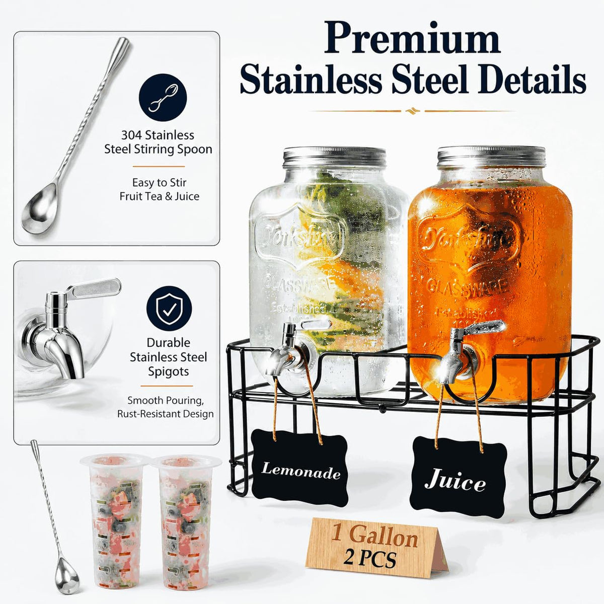 2-Pack 1-Gallon Glass Drink Dispensers with Wire Stand K6967