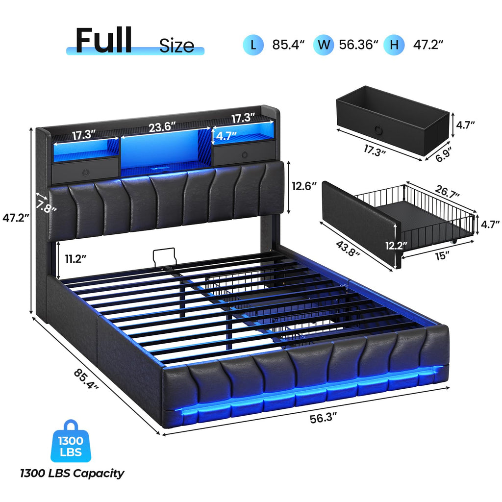 Full Bed Frame with Storage Headboard and 2 Drawers, RGB Lights, Black N30887